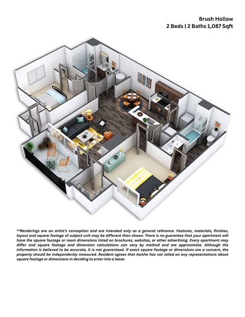Floor plan for 2 beds, 2 baths, 1087 sqft